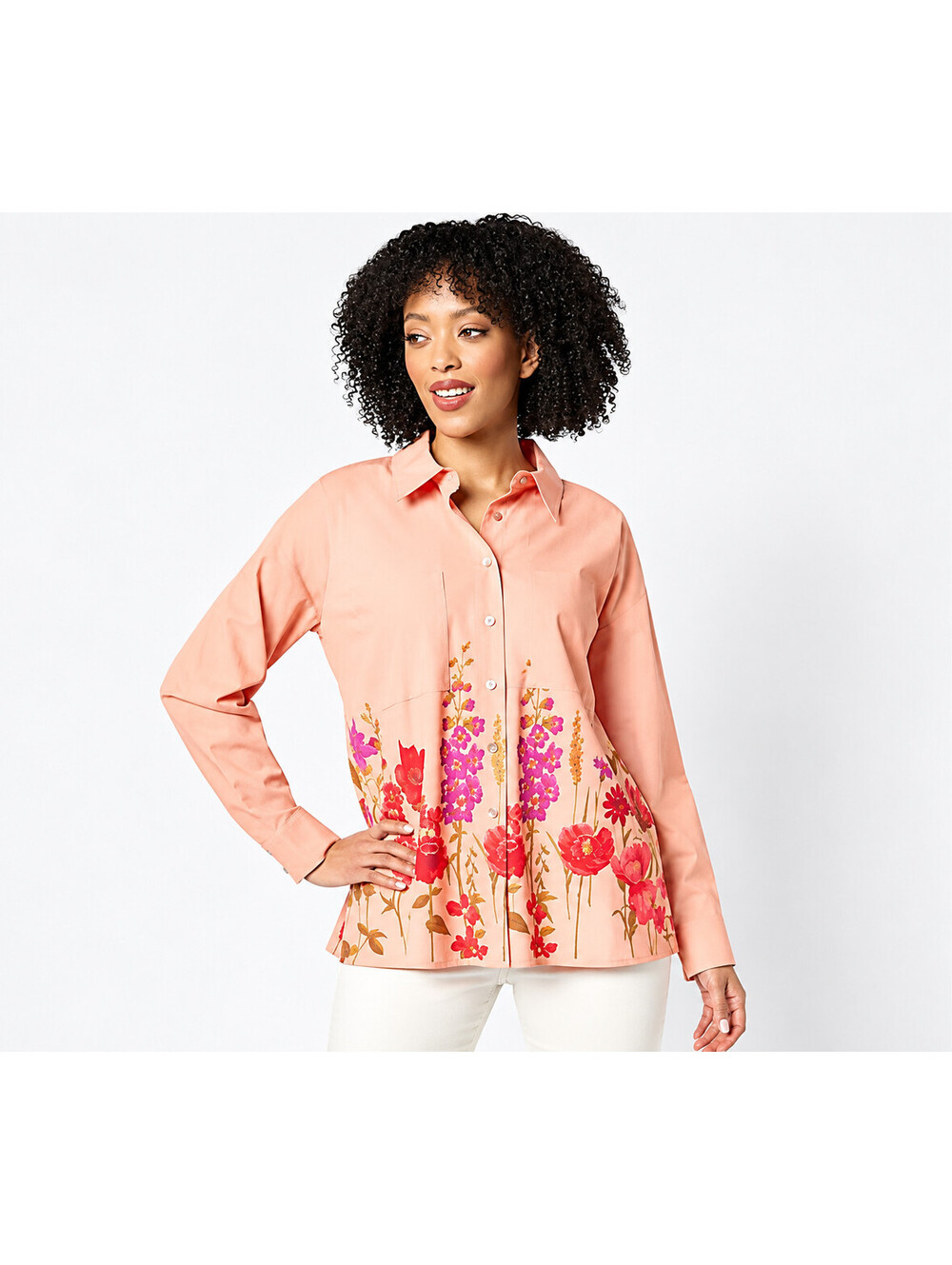 Women with Control Regular Button Front Shirt with Border Print Coral, Large